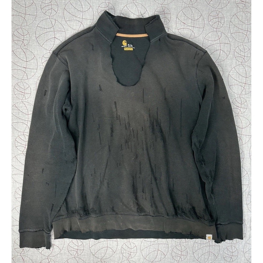 Carhartt Sweater Black Trashed Cut Collar Distressed / Men's XL Tall